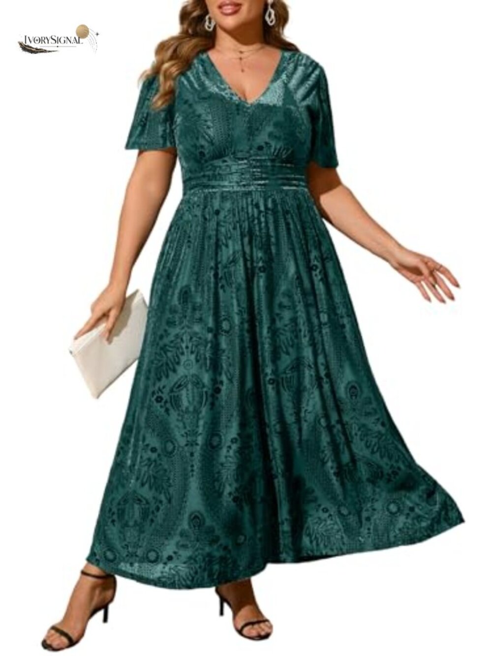 Velvet V Neck Maxi Dress Short Sleeve Empire Waist Formal Wedding Guest
